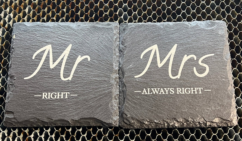 “Mr Right & Mrs Always Right” Engraved Slate Coasters, Wedding Gift, Set of 2 - OnEdge Laser Creations LLC